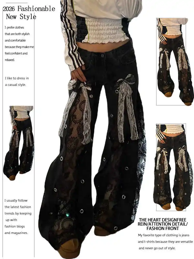 

Summer Women's Jean Punk Wide Fit Denim Pants Design Goblin Core Dark Academia Y2K Japanese Harajuku 2000s Grunge Goth Tide High