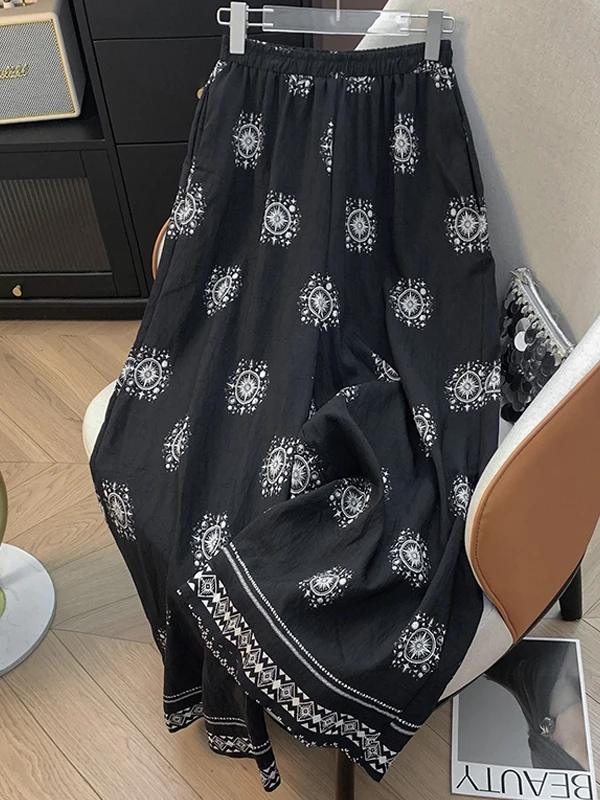 Pantaloni a gamba larga in vita elastica con stampa vintage estiva Pantaloni lunghi dritti casual larghi semplici da donna a vita alta