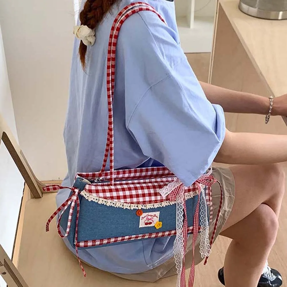 

Shopping Sweet French Stick Handbag Bow Denim Blue Plaid Shoulder Bag Large Capacity Contrast Color Cloth Underarm Bags Travel