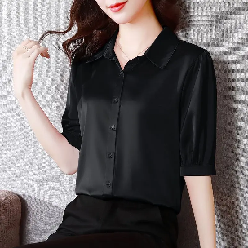Temperament Button Loose Blouse Summer New Short Sleeve Polo Neck Solid Color Office Shirt Tops Fashion Elegant Women Clothing