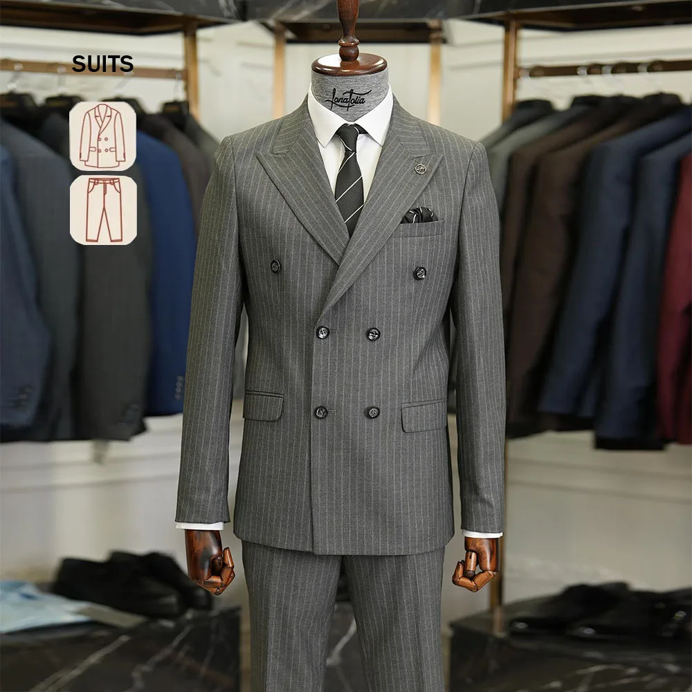 Groom Custom Tuxedos Formal Party White Stripe Grey Men's Suits Fit Slim Man Wedding Suit Tailored Double Breasted Jacket Latest