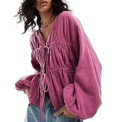 Combhasaki Women's Y2K Vintage Lantern Long Sleeve Smocked Tops Solid Color Bow Tied Front V-Neck Aesthetic Ruffled Hem T-Shirt