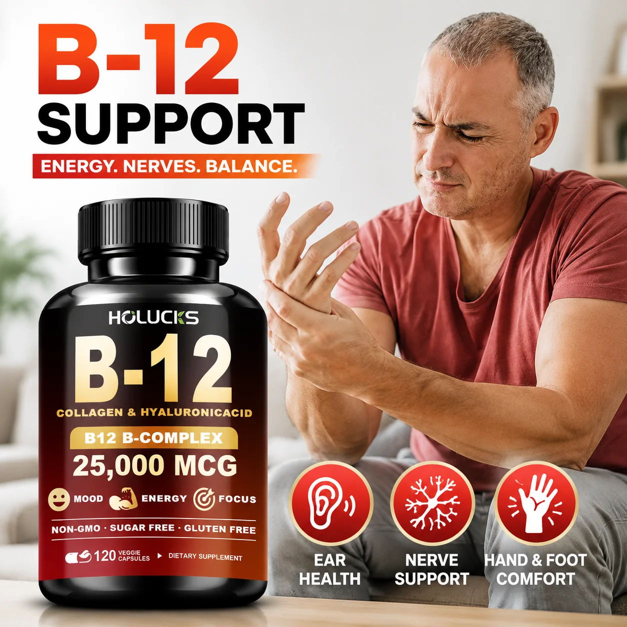 Premium B-Complex B12 Supplement, for Brain & Cogitive Function, Immune & Nervous System Health, Daily Energy, Mood, Focus