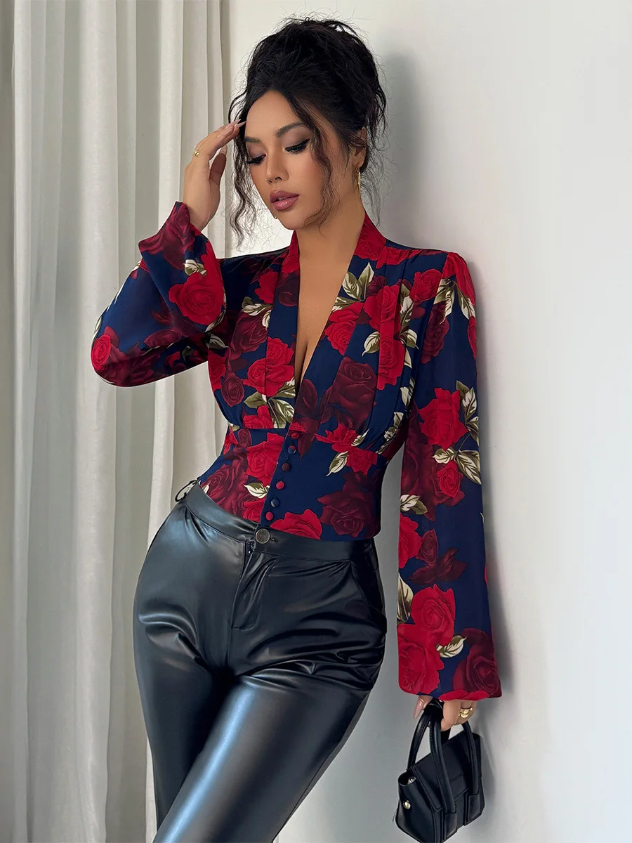 Ele Long Sve Mujer Cuello estampado irt Europeo Sle Bubble Sve Tela de poliéster Niña Otoño Faion irt