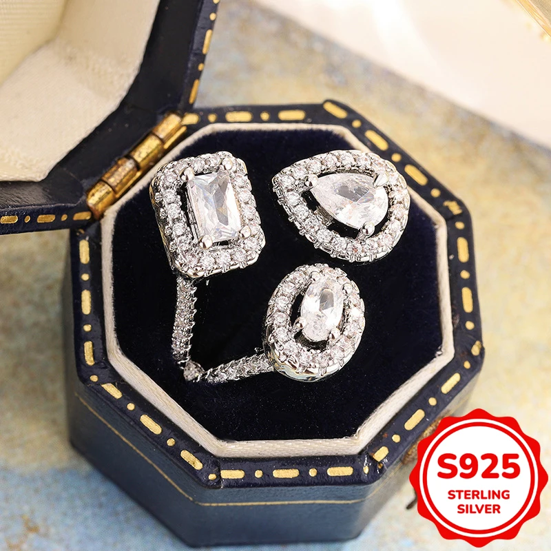 

Creative authentic S925 sterling silver hollow oval water drop pear-shaped full diamond ring women's engagement gift jewelry