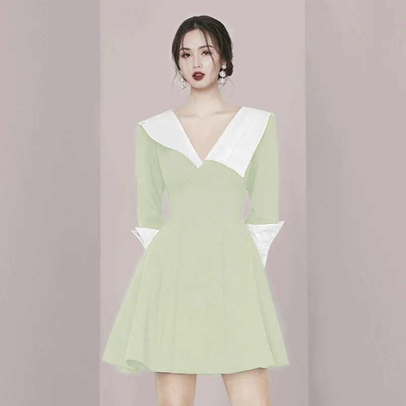 흑백 색상 대비 v 넥 긴 소매 미니 드레스 2025 여름 새로운 높은 허리 캐주얼 휴가 드레스 패션 파티 드레스