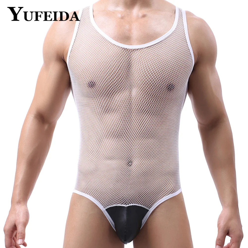 

YUFEIDA Male Sexy Lingerie Fishnet Bodysuit Hollow Out Underwear Mesh Sleeveless Tank Top Jumpsuit Gay Man Erotic Nightclub Wear