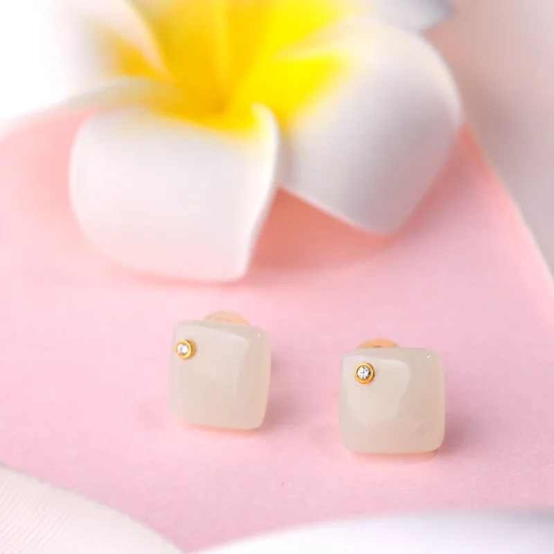 

Minimalist Style 925 Sterling Silver Small Square Jade Earrings for Women with Certificate Inlaid Hetian Jade Earrings Studs