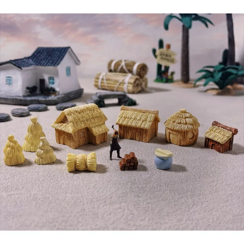 Emulation Miniature Thatched Cottage with Water Tank and Firewood Pile Micro Landscape Sand Table Prop Model Decoration Ornament