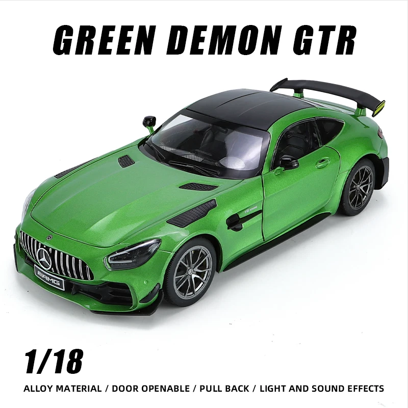 1:18 Green Demon GTR Supercar Alloy Car Model Gift for Children Hot Wheels Premium Metal Vehicle Toy Collection Fast and Furious