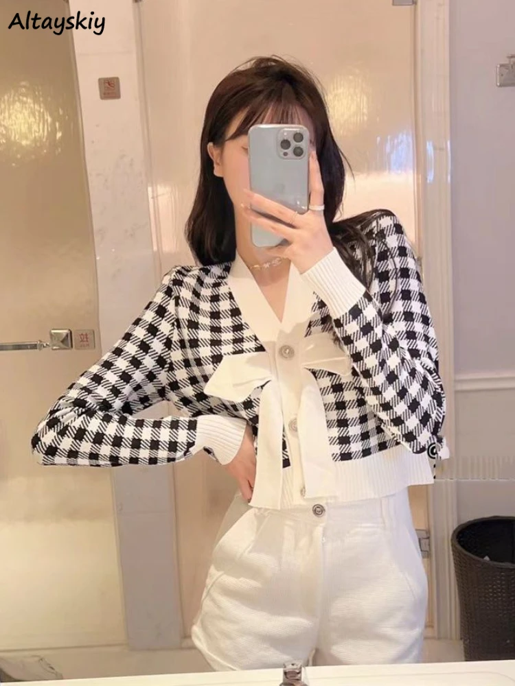 

Cropped Bow Plaid Cardigan Women Sweet Girlish Harajuku Cute Long Sleeve V-neck Design Trendy Prevalent Sweaters Knitwear Casual