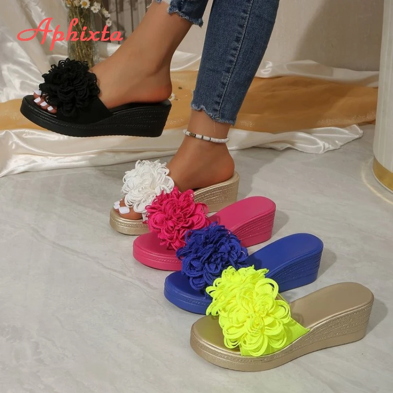 

Aphixta Candy Color Woman Fashioin Slides 5.5cm Wedge Heels Big Flower Women's Sandals Gold Heels Shoes for Woman Big Size 43