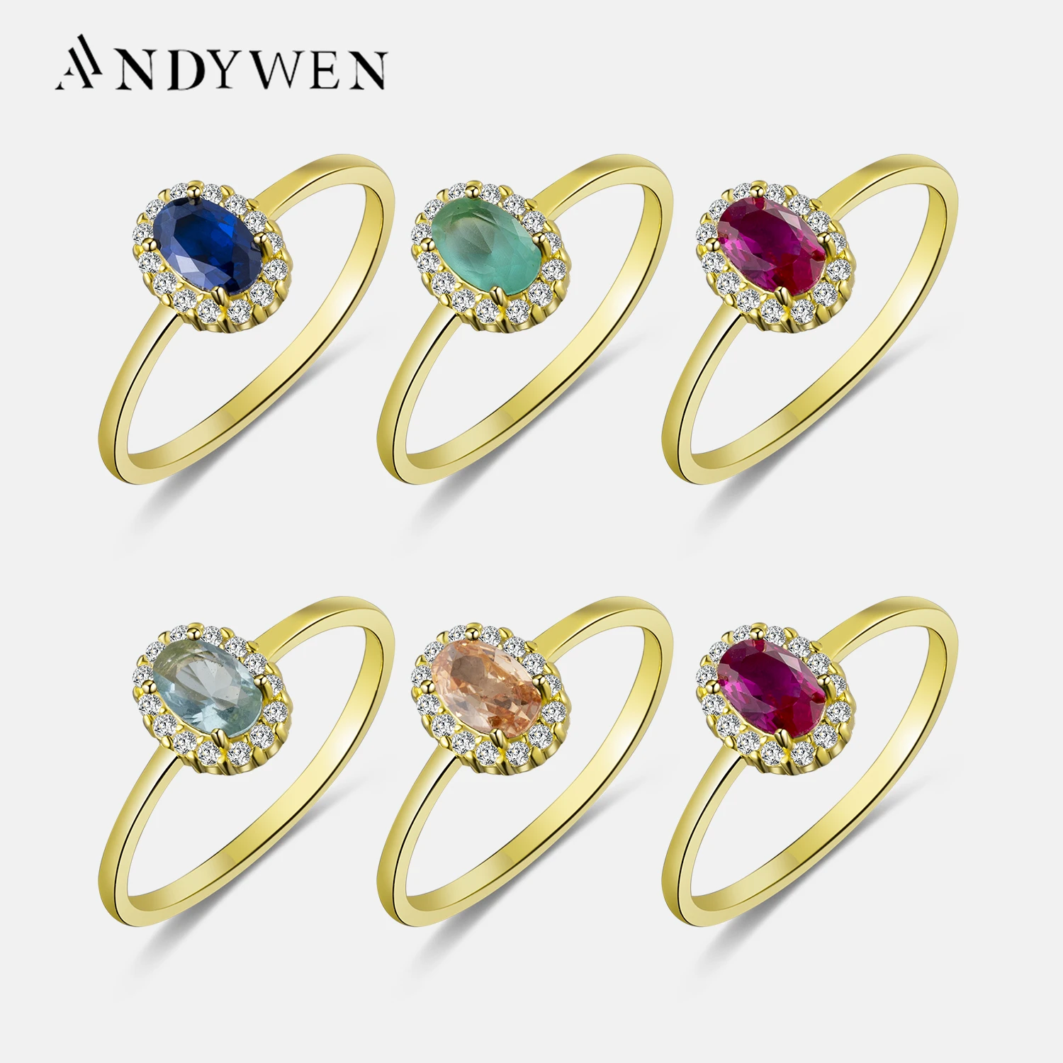 ANDYWEN 100% 925 Sterling Silver Gold Anillo Roseton Aguamarina Blue Champagne Zircon Women Luxury Fine Jewelry Crystal Jewels