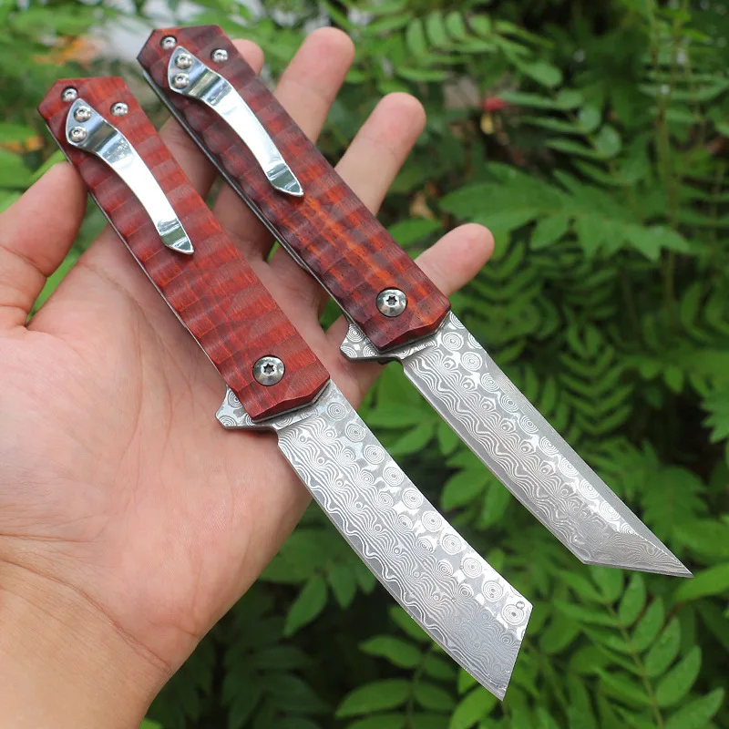 2022 New Pocket Folding Knife GW006 Damascus Wood Handle Camping Survival Outdoor Tanto Self-defence Pocket Tactical EDC Knife