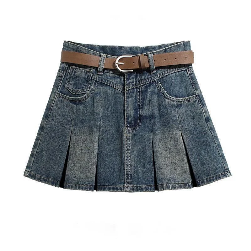 

Vintage Denim Skirt For Women High Waist A-line Pleated Skirt Korean Fashion Solid Short Mini Skirts JK Trendy Casual Clothes