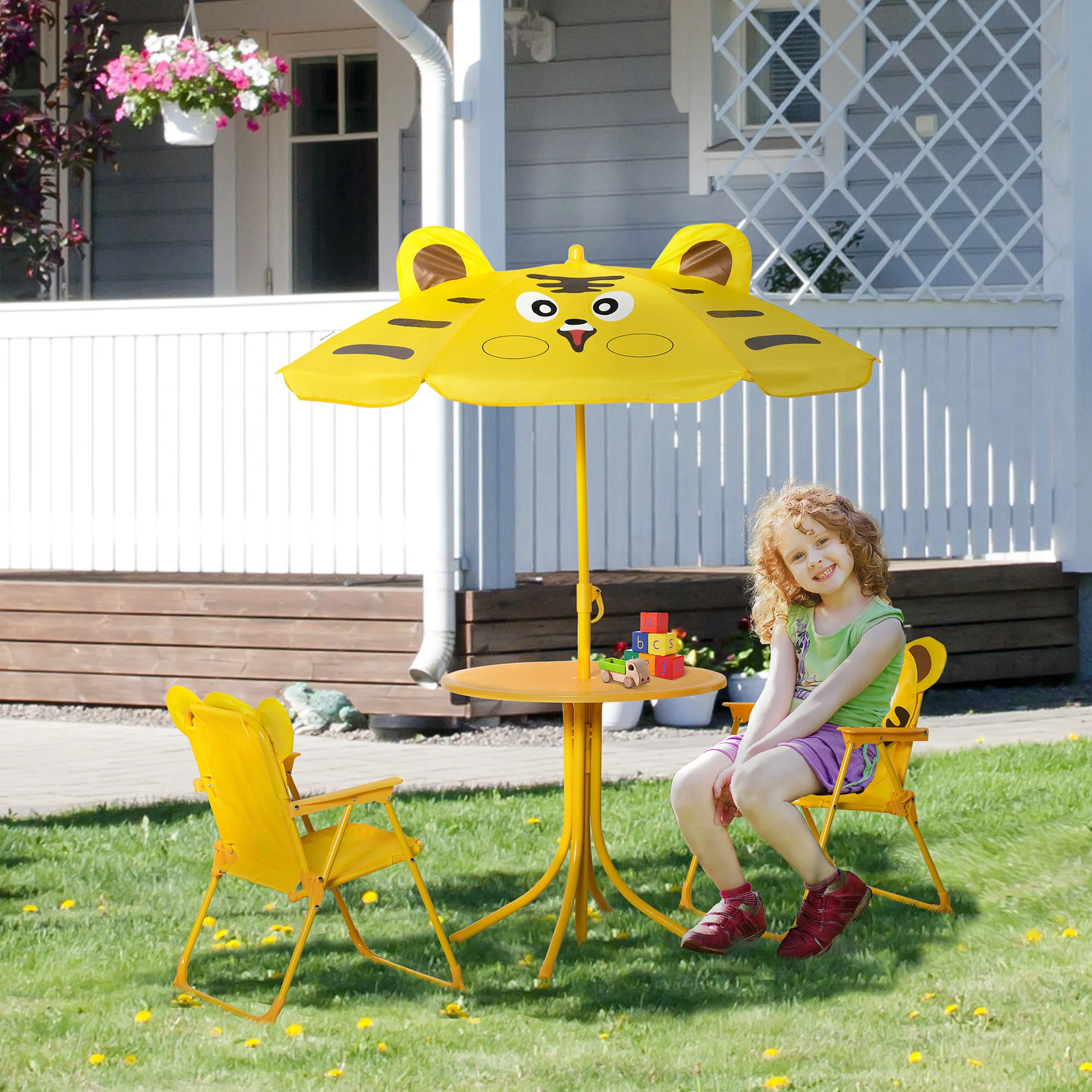 Outsunny Set Da Esterno Per Bambini 4 Pezzi Con 2 Sedie Pieghevoli, Ombrellone Da Giardino E Tavolo Rotondo, Set Da Giardino In Acciaio E Tessuto Oxford Giallo