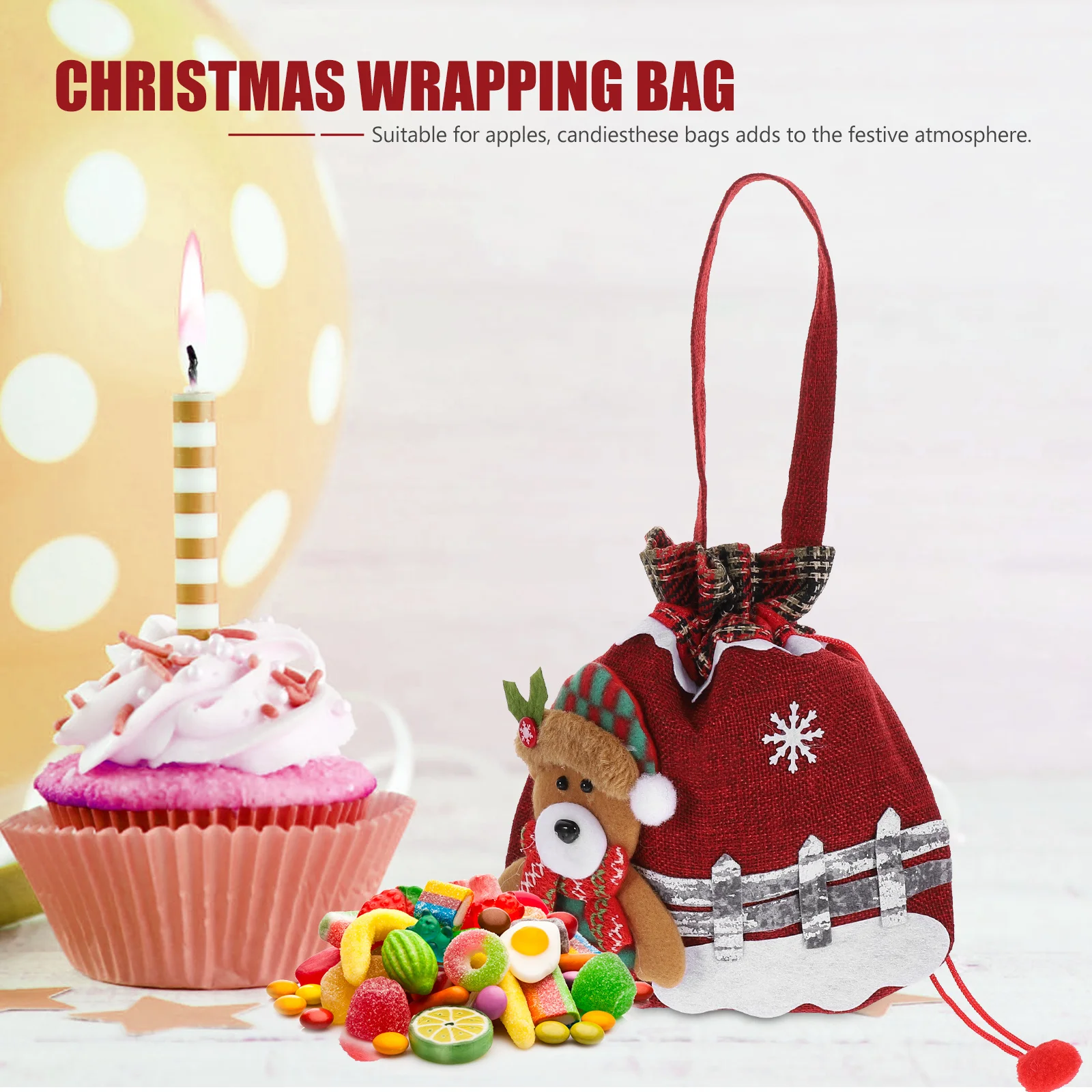 

4Pcs Gift Wrapping Bags Christmas Themed Drawstring Pouches for Holiday Party Favors Small Candy Treats Storage Linen Non-Woven