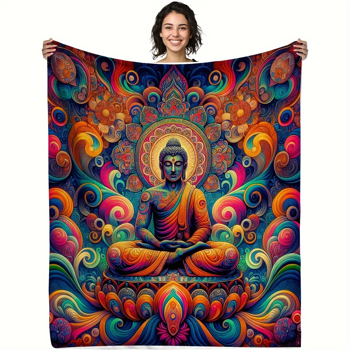 Bright Buddha pattern Flannel printed blanket suitable for all seasons suitable for living room office sofa and travel 180x250CM