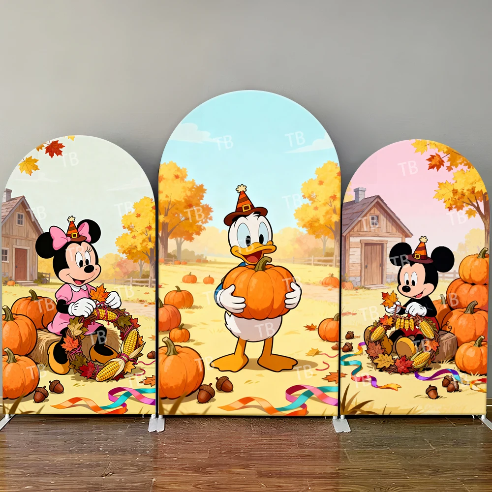 

Disney Mickey Donald Thanksgiving Pumpkin Harvest Arch Backdrop Cover Warm Festive Scene For Birthday Party Cartoon Photo Booth