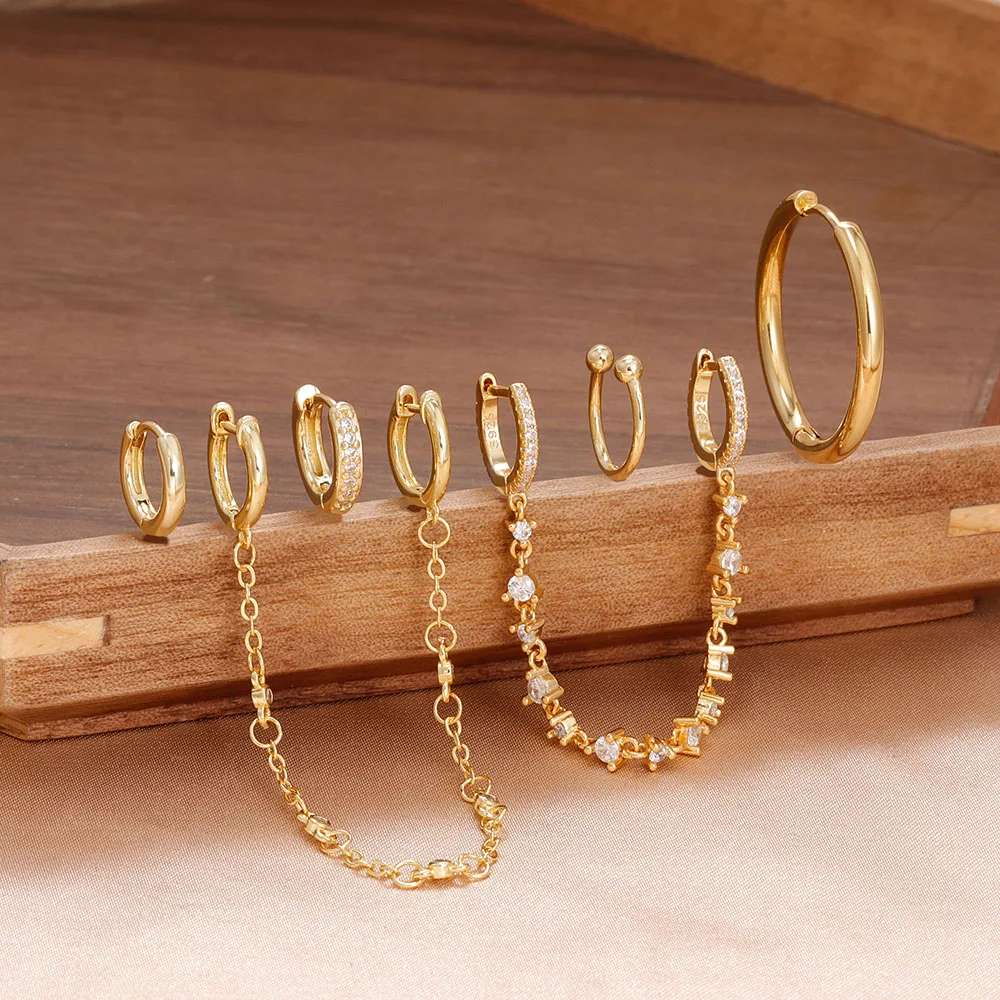 Weman's Earrings Stainless Steel Gold Color Double Crystal Tassel Chain Hoop Earrings Fashion Wedding Piercing Jewelry Gift