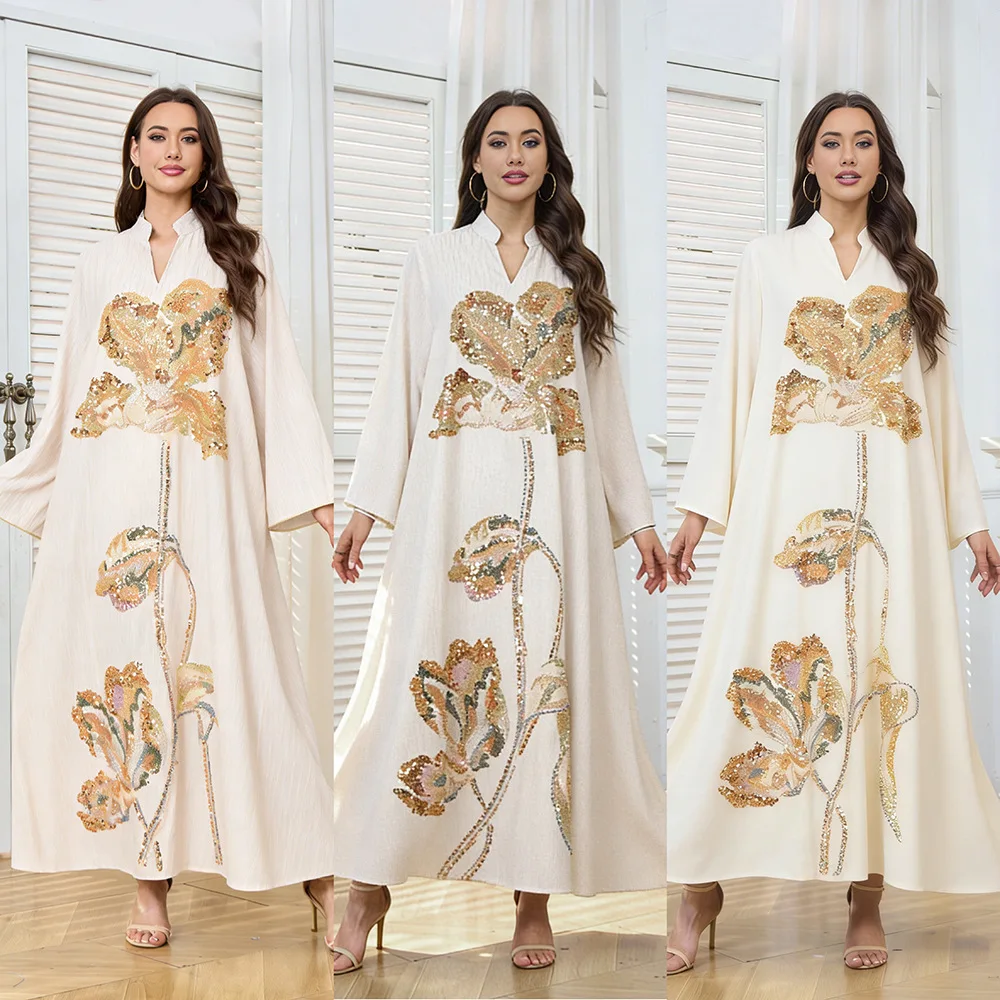 Women Eid Dress Muslim Abaya Ramadan Dubai Party Dresses Islam Vestidos Arab Long Robe Jalabiya Sequins Morocco Abayas Kaftan