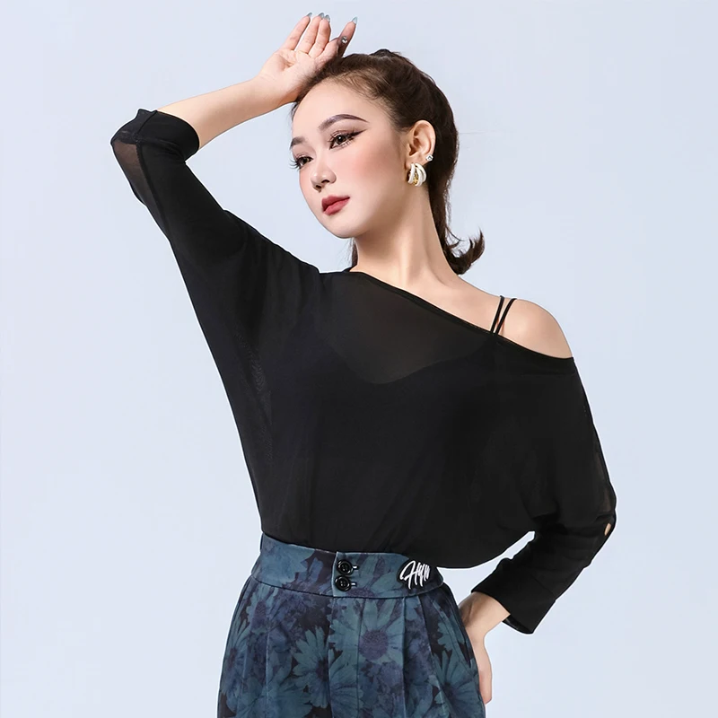 مائل الكتف شبكة اللاتينية الرقص أعلى ممارسة الملابس النساء اللاتينية الرقص الملابس الكبار الفالس حفلة موسيقية السالسا الرقص ارتداءها XH3032