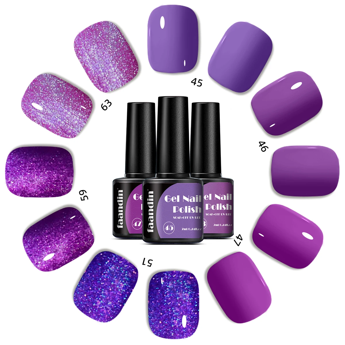 زجاجة Faandin 7 مل 1، طلاء أظافر جل بلون موحد، جل طلاء أظافر من سلسلة أرجوانية مختارة، مصباح الأشعة فوق البنفسجية سريع الجفاف، خالي من الكحول، لون كامل، ليس من السهل تشبع عالي، سهل التشبع في المنزل، يمكن استخدامه في صالونات الأظافر العناصر الأساسية، والمواعدة،