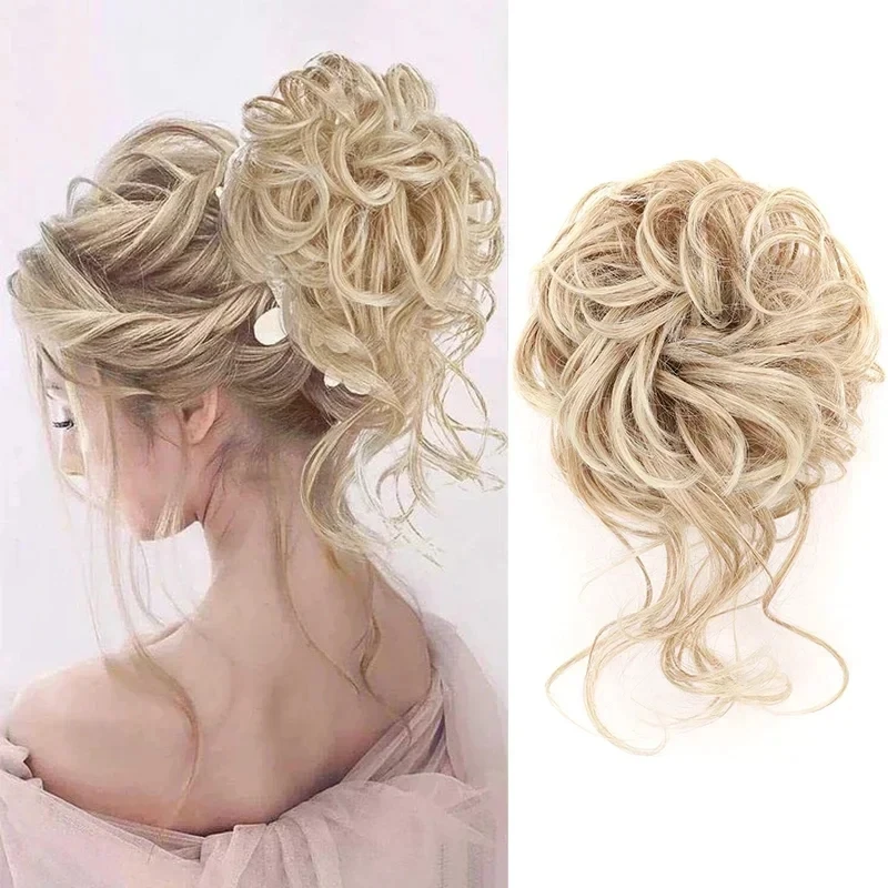 

Synthetic Short Curly Donut Chignon with Elastic Scrunchies Messy Hair Bun Extensions Blonde Curls Hairpiece Ponytail for Women