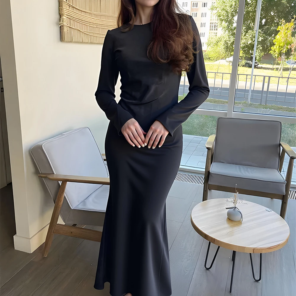 Elegant Pure Color Long-Sleeved French Dress round Neck Waist Design New European And American Style Women's Dress
