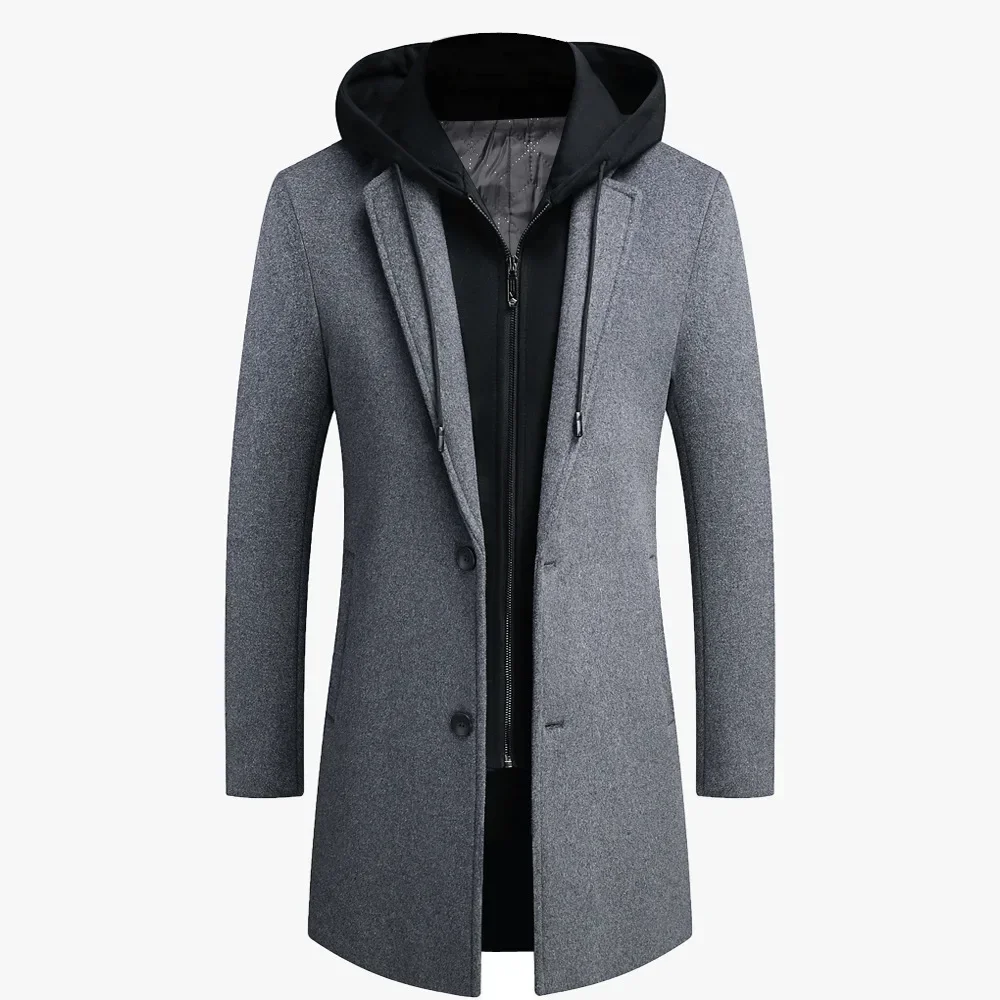 

2024 New Men Wool Coat Casual Warm Winter Wool Coat Casual Woolen Coat Mid-length Detachable Hat