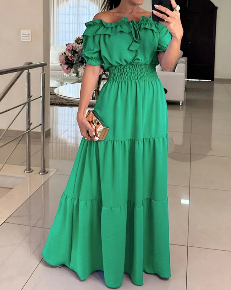

Women's Off Shoulder Elegant Ruffled Bubble Sleeve Maxi Dress Tiered Long Summer Dress with Elastic Waist