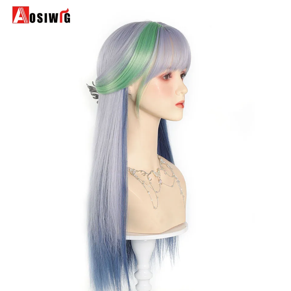 Y2K Synthetic Lolita Cosplay Wig green Blue Hair for Cosplay Party Long Straight Wigs for Women Blue green highlight dyed bangs