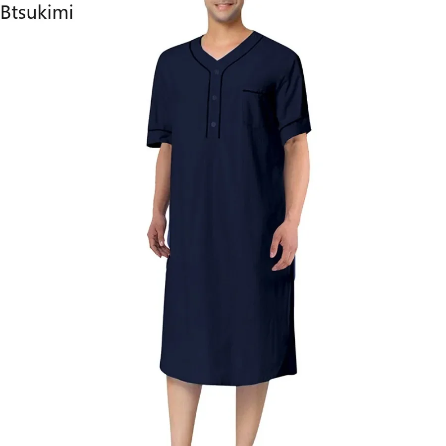 Nieuwe 2024 Mannen Moslim Mode Gewaden Jurk Korte Mouw Effen Katoen Losse O Hals Leisure Nachtjapon Heren Badjassen homewear Abaya