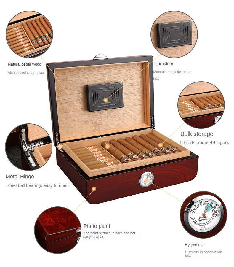 Cedar wood cigar box external hygrometer large-capacity piano paint storage box moisturizing box