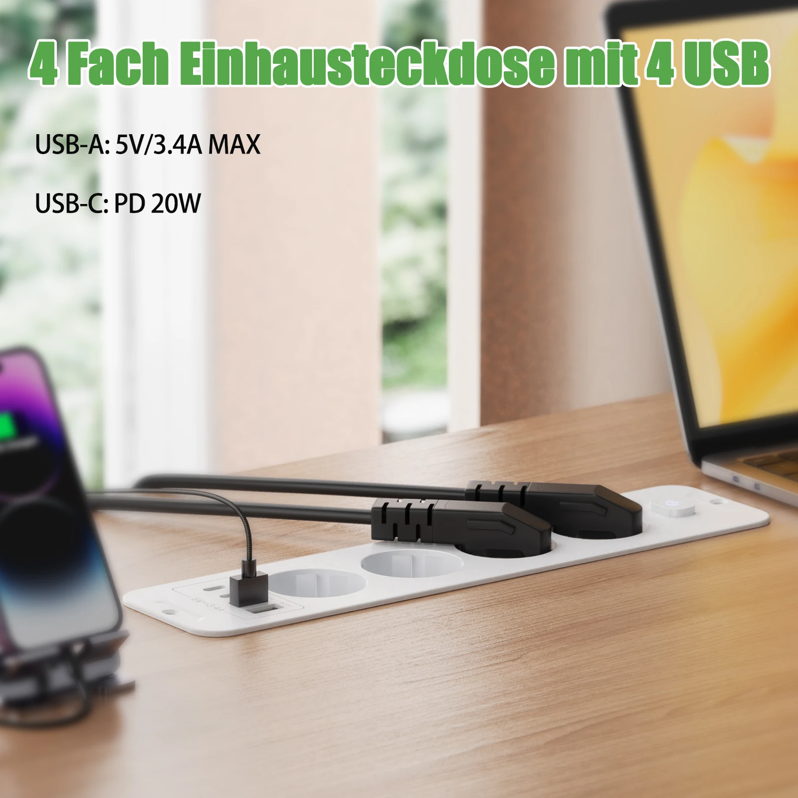 EU plug desktop built-in power strip socket with 4 AC power sockets 2 USB and 2 Type-C, master control switch 2m extension cable