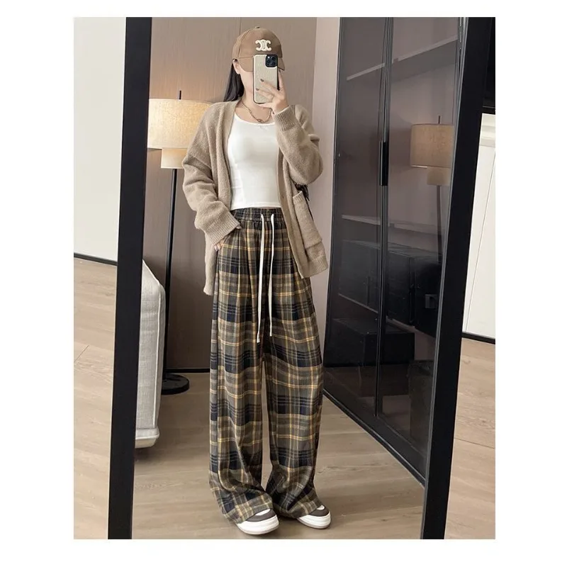 レトロな格子柄の女性用秋物ハイウエストルーズスリムストレートリラックスカジュアルワイドレッグパンツ