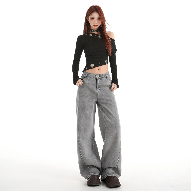 Damskie dżinsy na jesień/zimę 2025, nowa amerykańska edycja w kolorze szarego mgły, wyszczuplające, z haftowanym plecakiem, luźne, z efektem ciągnięcia się po podłodze.