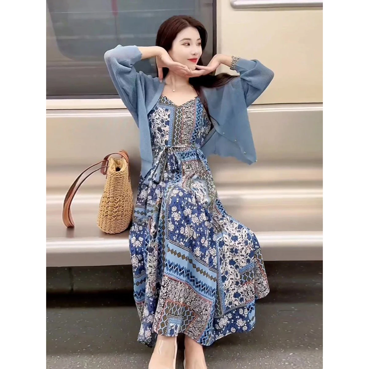 Fashion Bohemian Floral Printed Long Dress For Women High-end Blue Knit Cardigan Sweater Sling Dress 2 Pieces Sets French Dress