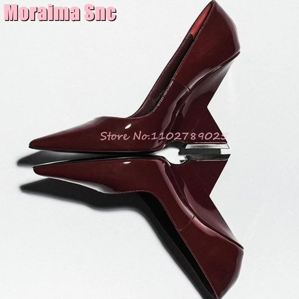 Strange Heel Pointed Toe Shallow Pumps Patent Leather Slip On Fashion Burgundy Sexy Women Shoes Banquet Party Solid 2024 Newest