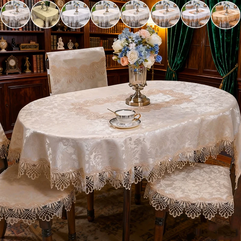

All-Season Use Oval Tablecloth with Elegant Lace Trim Suitable for Rectangular Oval Tables for Wedding NewYear Valentine's Day