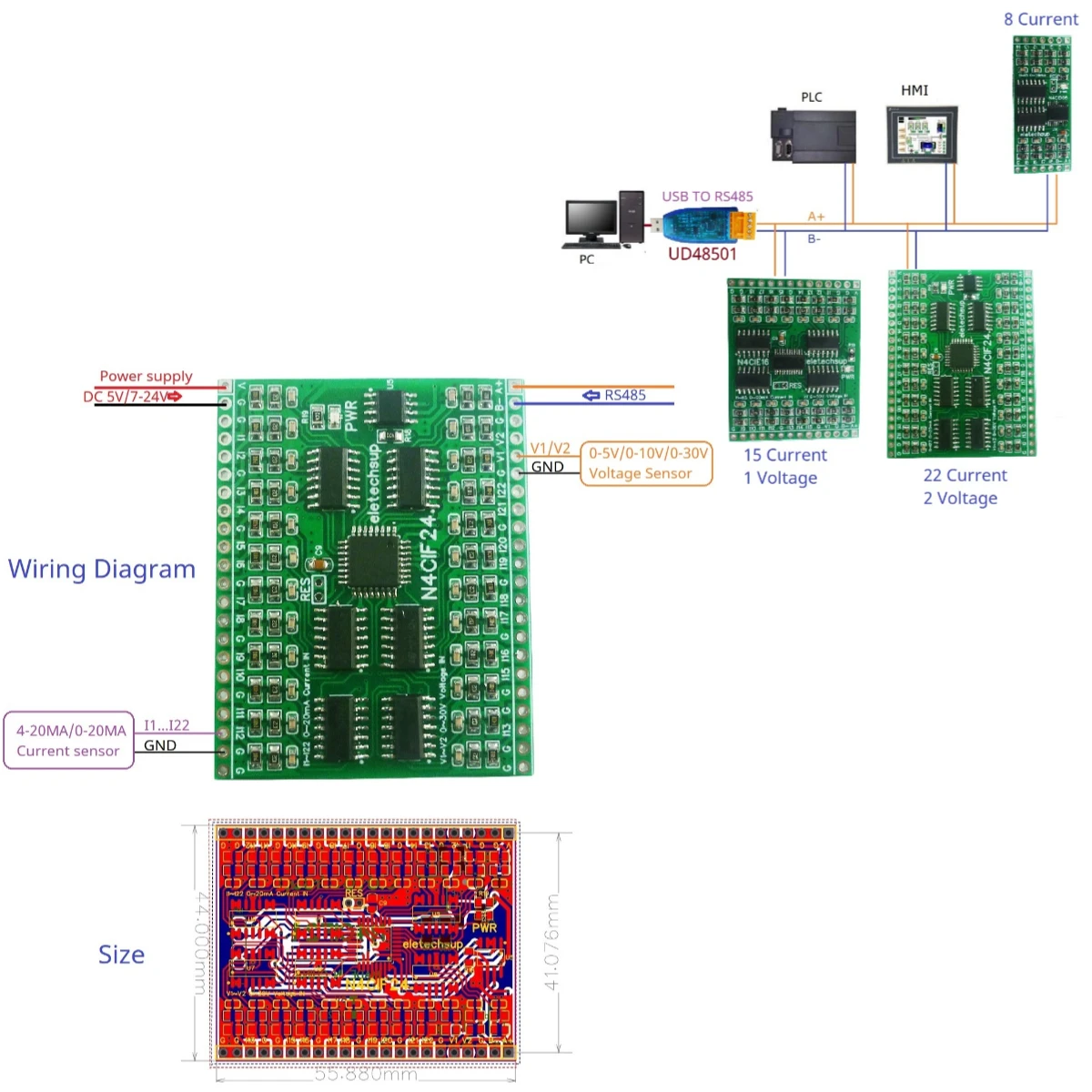 8CH 4-20MA DC 5V 12V 24V mini 0-20MA MODBUS RTU RS485 Current Analog Input Collector Module For SCADA DCS MES RTU PLC HMI