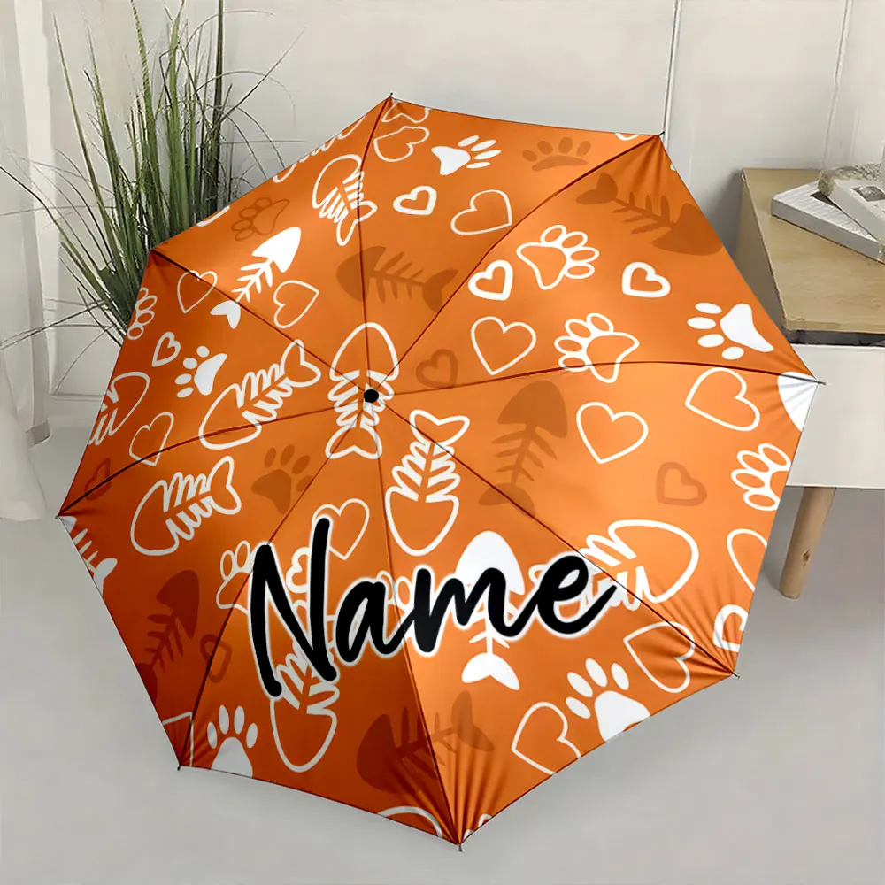 Custom Name Umbrella Playful Fish and Paw Print Umbrella Design Print 8 Iron Ribs Folding Umbrella Auto-Open Fashion Sunshade