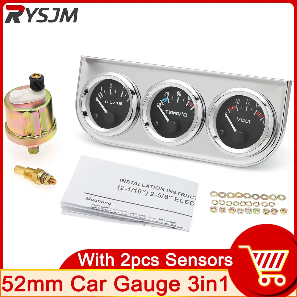 3 in 1 Car Water Temperature Gauge 52mm Oil Pressure Gauge Voltmeter Voltage Meter Auto Triple Gauge Kit Chrome customized