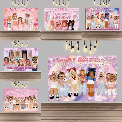 Game Roblox Creative Peripheral Cartoon Birthday Decoration Background Cloth Pink Roblox Girl Birthday Photo Decoration Supplies