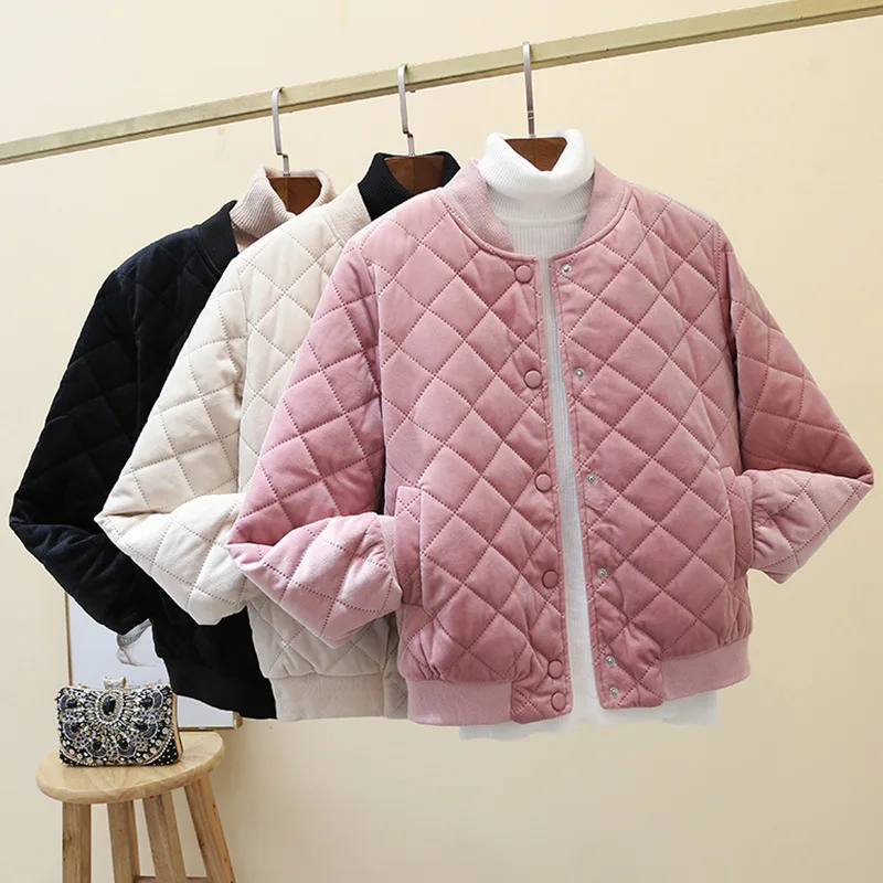 Casaco de inverno coreano feminino simples curto harajuku argyle veludo algodão solto casual acolchoado sólido jeckets feminino puffer parkas