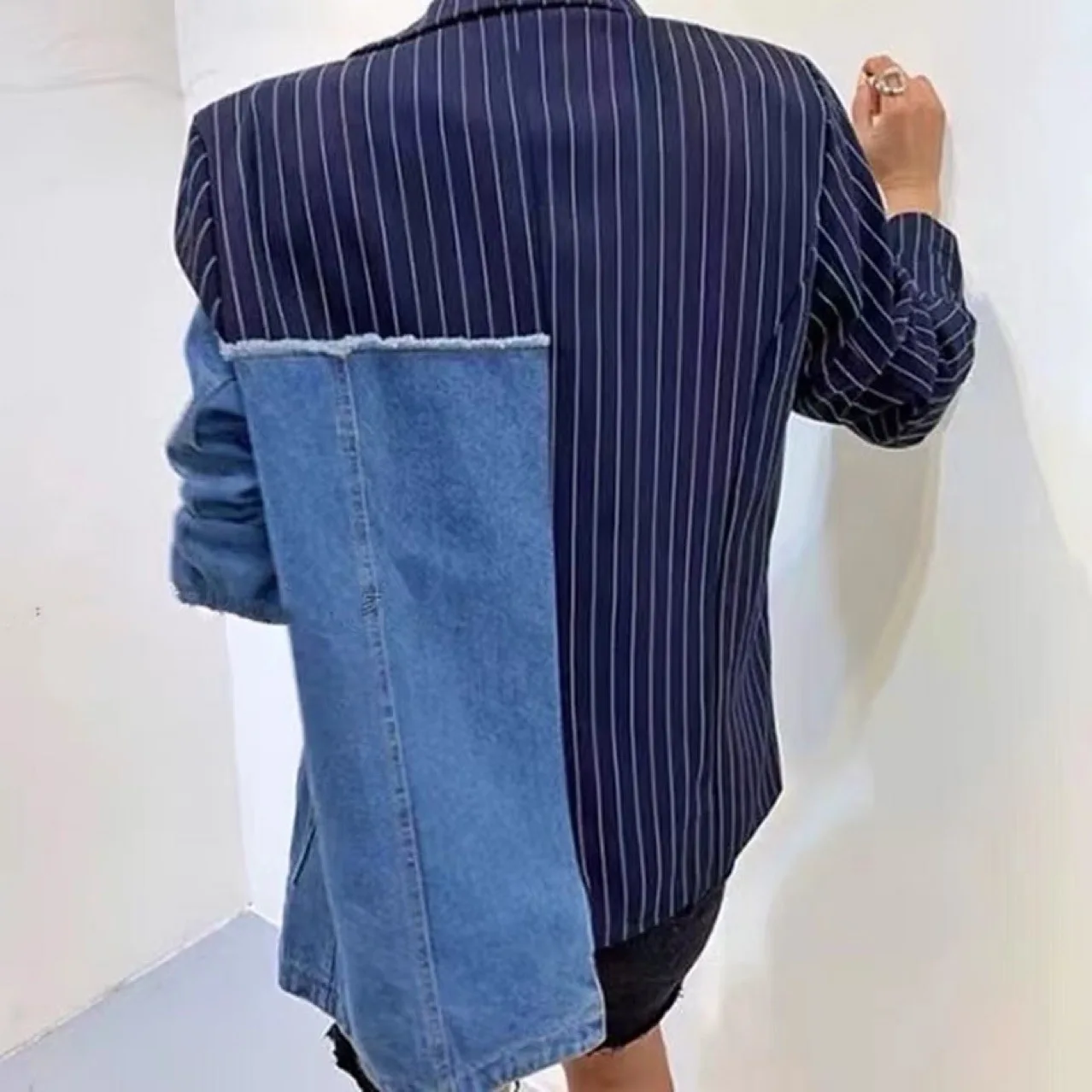 Spring Autumn Women Striped Denim Spliced Suits Jacket Jeans Patchwork Blazers Coat OL Turn Down Collar Irregular Cardigan Tops