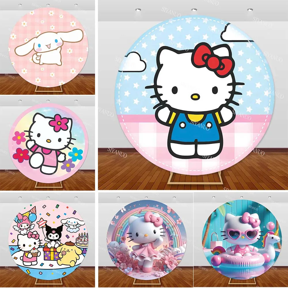 

Hello Kittys Cat Backdrop Kids Birthday Party Photo Background Baby Shower Photo Party Cartoon Round Photography Backdrop