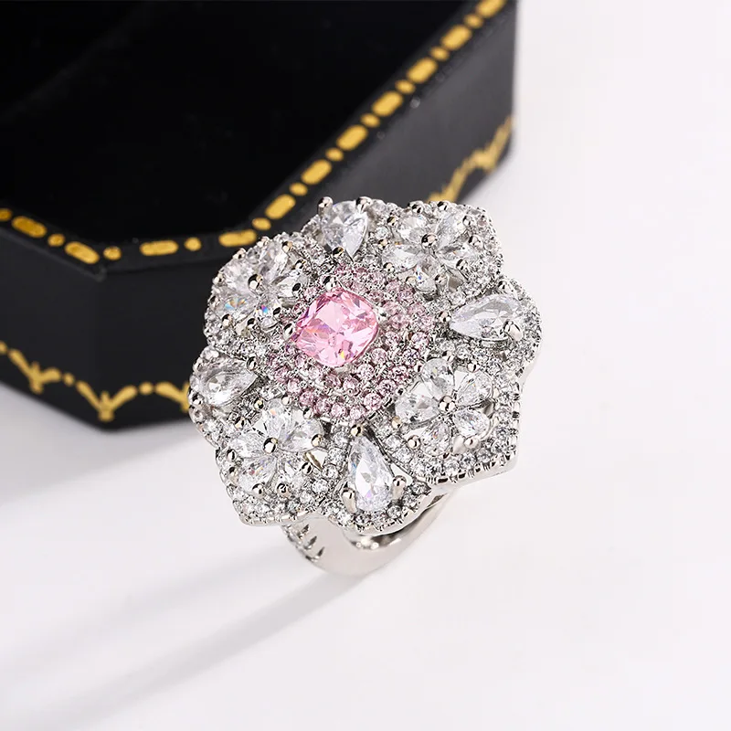 925 Silver Delicate Sweet Full Diamond Zircon Ring Women Fashion Flower Jewelry Party Birthday Wedding Gift