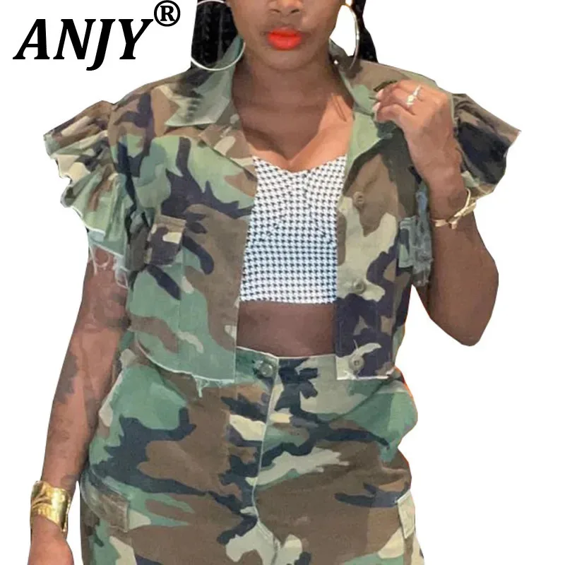 ANJY Early Autumn Women's Clothing Camouflage Ruffle Lace Sleeve Jacket Pocket Personality Slim Trendy Outdoor Short Coat A12913