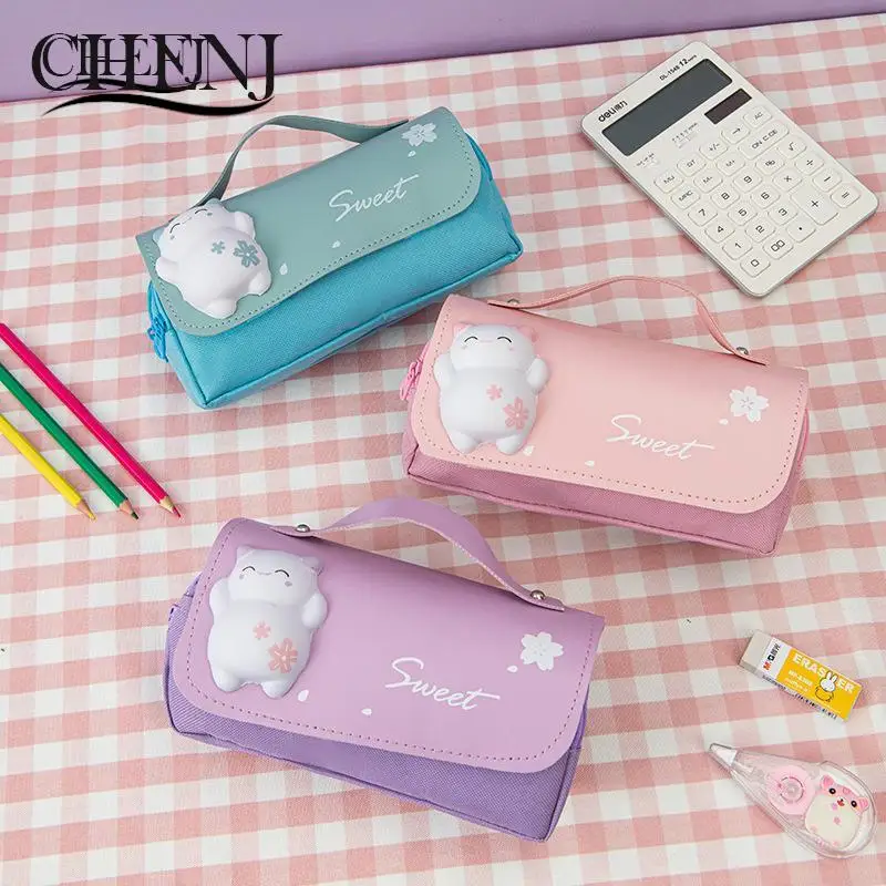 Cute Cat Decompression Pencil Case Big Pencil Box Portable Girl Pen Bag Double Layer School Pouch Kawaii Stationery Pencil Cases